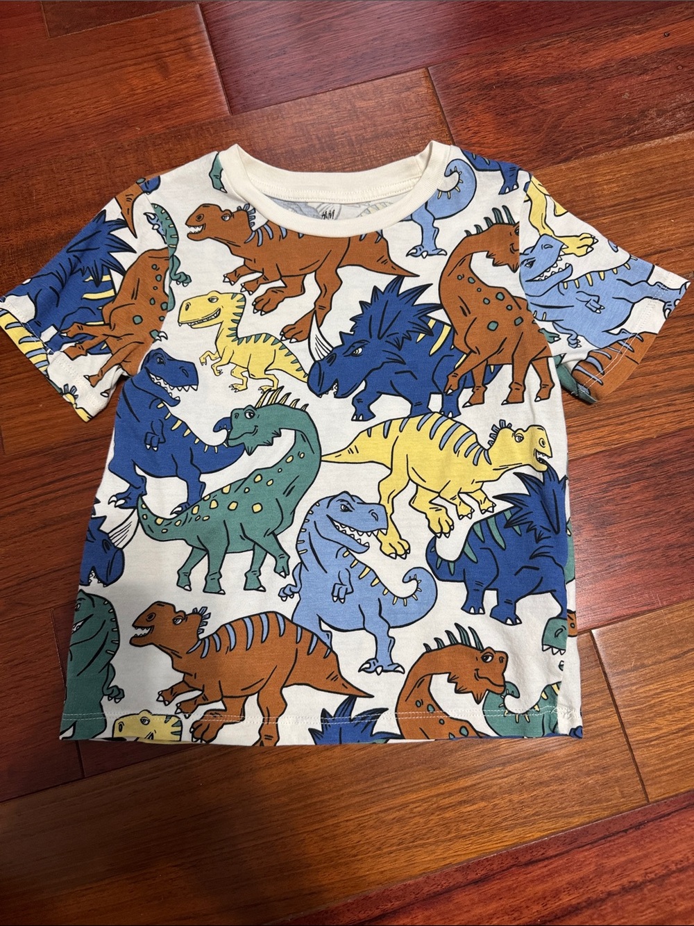 H&M White Tee with Multicolor Dinosaur Print